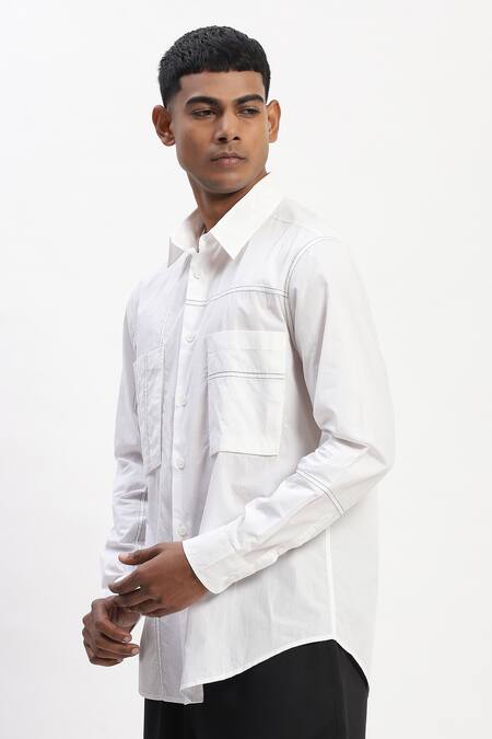 Buy_Abraham And Thakore_White Cotton Tonal Patchwork Shirt _Online_at_Aza_Fashions