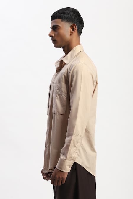 Abraham And Thakore Beige Cotton Tonal Patchwork Shirt Online at Aza Fashions Abraham And Thakore_Beige Cotton Tonal Patchwork Shirt _Online_at_Aza_Fashions