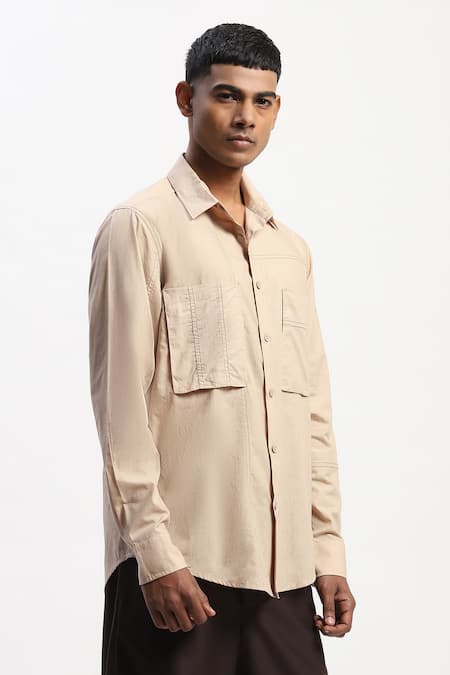 Buy Abraham And Thakore Beige Cotton Tonal Patchwork Shirt Online at Aza Fashions Buy_Abraham And Thakore_Beige Cotton Tonal Patchwork Shirt _Online_at_Aza_Fashions
