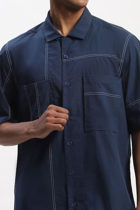 Abraham And Thakore_Navy Cotton Tonal Patchwork Casual Shirt _Online_at_Aza_Fashions