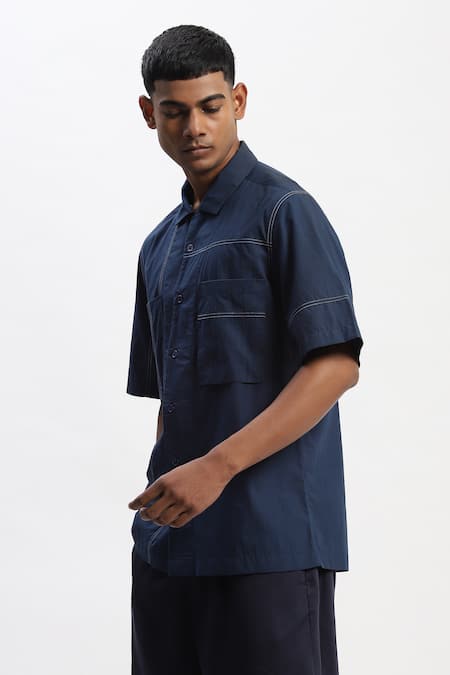 Buy_Abraham And Thakore_Navy Cotton Tonal Patchwork Casual Shirt _Online_at_Aza_Fashions