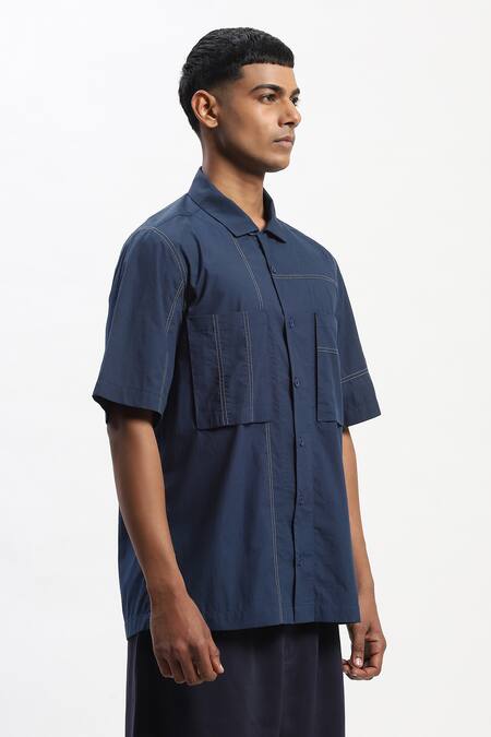 Shop_Abraham And Thakore_Navy Cotton Tonal Patchwork Casual Shirt _Online_at_Aza_Fashions