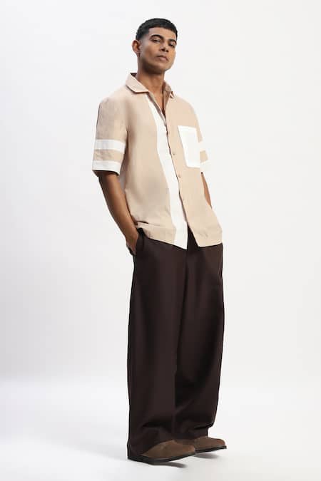 Abraham And Thakore_Beige Cotton Patchwork Casual Shirt _Online_at_Aza_Fashions