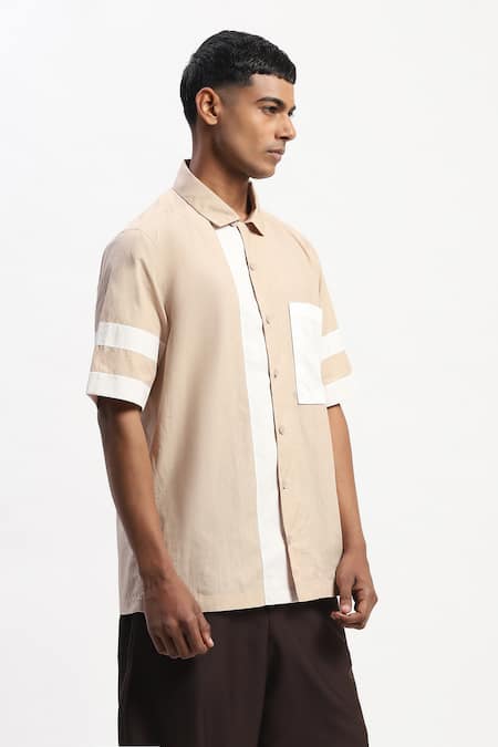 Buy_Abraham And Thakore_Beige Cotton Patchwork Casual Shirt _Online_at_Aza_Fashions