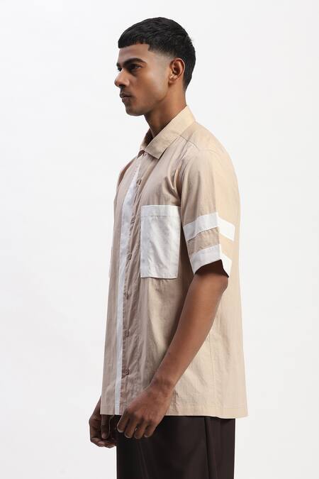 Shop_Abraham And Thakore_Beige Cotton Patchwork Casual Shirt _Online_at_Aza_Fashions
