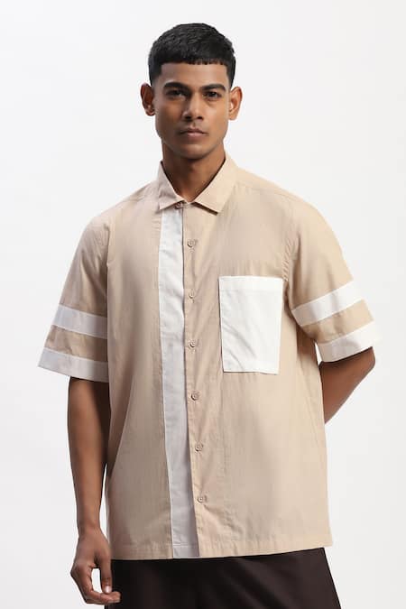 ABRAHAM AND THAKORE Beige Patchwork Casual Shirt 