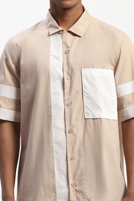 Abraham And Thakore_Beige Cotton Patchwork Casual Shirt _at_Aza_Fashions