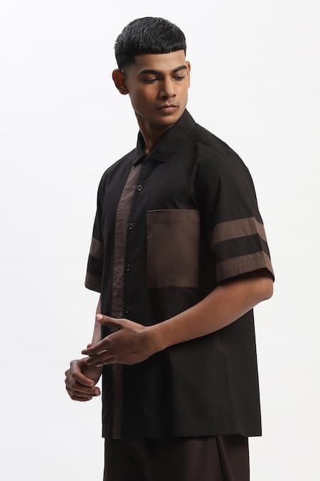 Abraham And Thakore Black Cotton Patchwork, Applique Casual Shirt Online at Aza Fashions Abraham And Thakore_Black Cotton Patchwork, Applique Casual Shirt _Online_at_Aza_Fashions