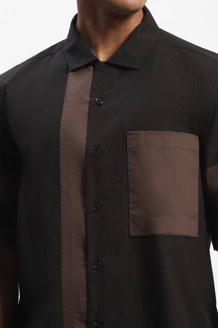 Shop Abraham And Thakore Black Cotton Patchwork, Applique Casual Shirt Online at Aza Fashions Shop_Abraham And Thakore_Black Cotton Patchwork, Applique Casual Shirt _Online_at_Aza_Fashions