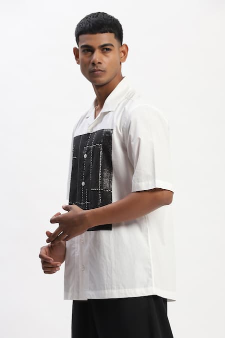 Abraham And Thakore_White Cotton Engineered Blockprint Casual Shirt _Online_at_Aza_Fashions