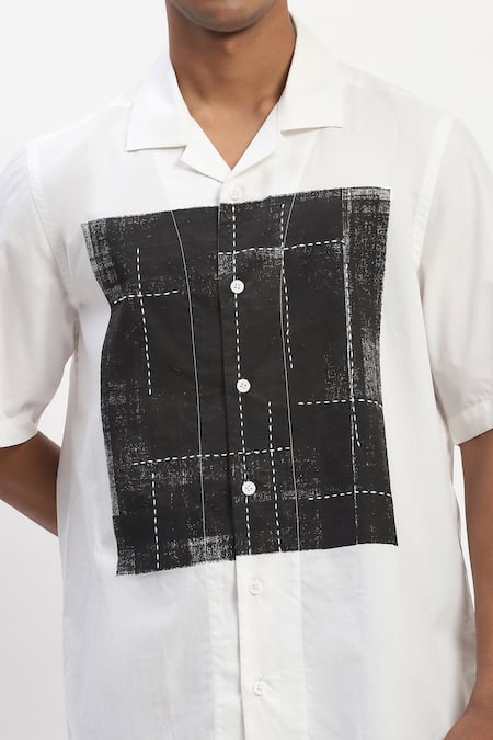 Shop_Abraham And Thakore_White Cotton Engineered Blockprint Casual Shirt _Online_at_Aza_Fashions