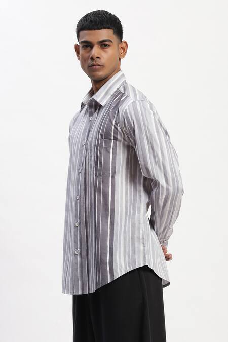 Abraham And Thakore_Gray Cotton Watercolour Stripes Casual Shirt _Online_at_Aza_Fashions