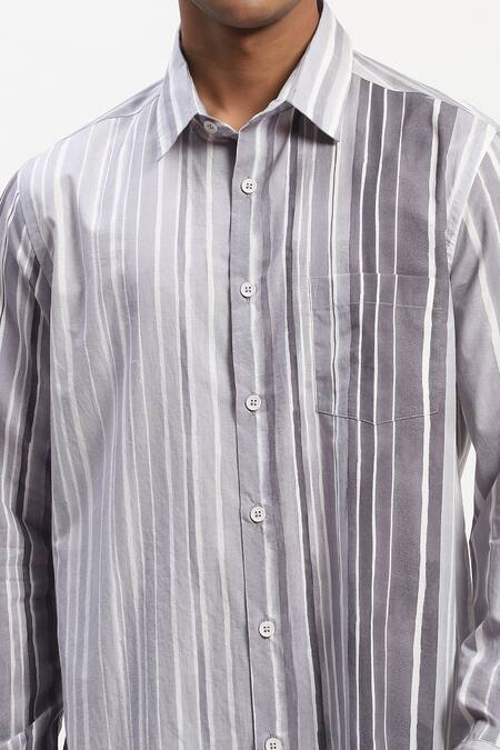 Abraham And Thakore_Gray Cotton Watercolour Stripes Casual Shirt _at_Aza_Fashions