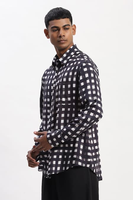 Abraham And Thakore_Black Lycra Watercolour Checks Casual Shirt _Online_at_Aza_Fashions
