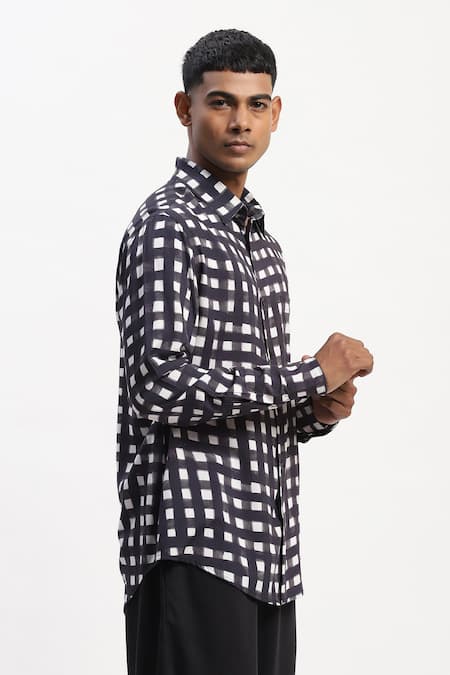 Buy_Abraham And Thakore_Black Lycra Watercolour Checks Casual Shirt _Online_at_Aza_Fashions