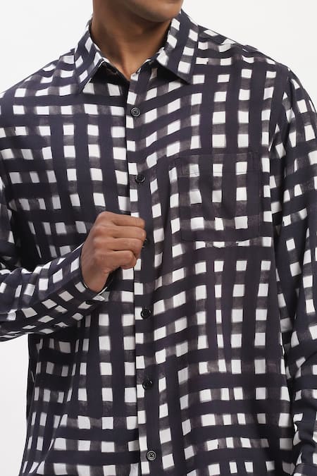 Shop_Abraham And Thakore_Black Lycra Watercolour Checks Casual Shirt _Online_at_Aza_Fashions