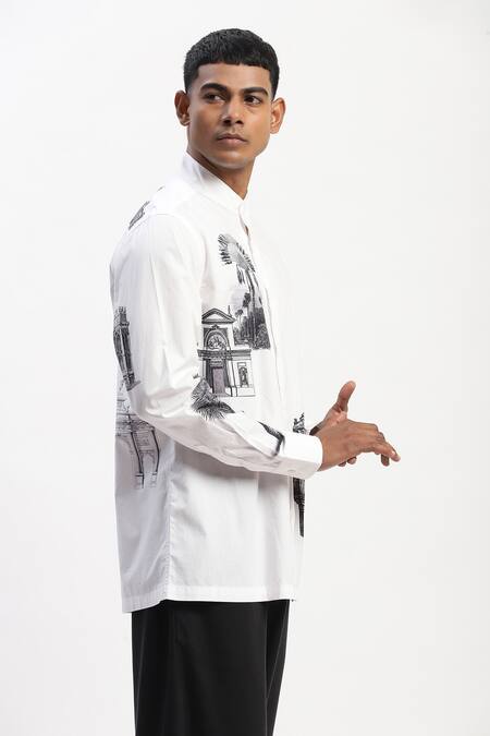 Abraham And Thakore_White Cotton Architecture Print Shirt_Online_at_Aza_Fashions