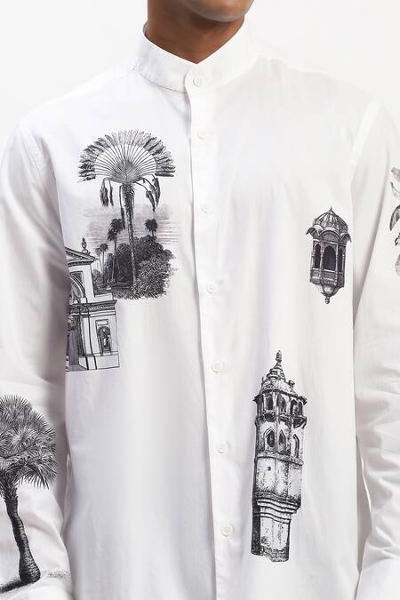 Shop_Abraham And Thakore_White Cotton Architecture Print Shirt_Online_at_Aza_Fashions
