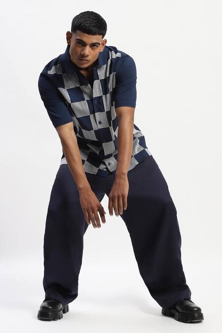 Abraham And Thakore_Navy Embroidery Crewel Checker T-shirt _Online_at_Aza_Fashions