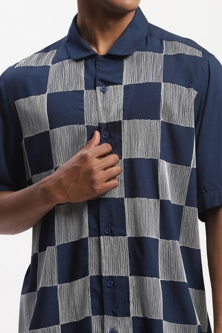 Shop_Abraham And Thakore_Navy Embroidery Crewel Checker T-shirt _Online_at_Aza_Fashions
