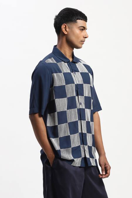 Abraham And Thakore_Navy Embroidery Crewel Checker T-shirt _at_Aza_Fashions