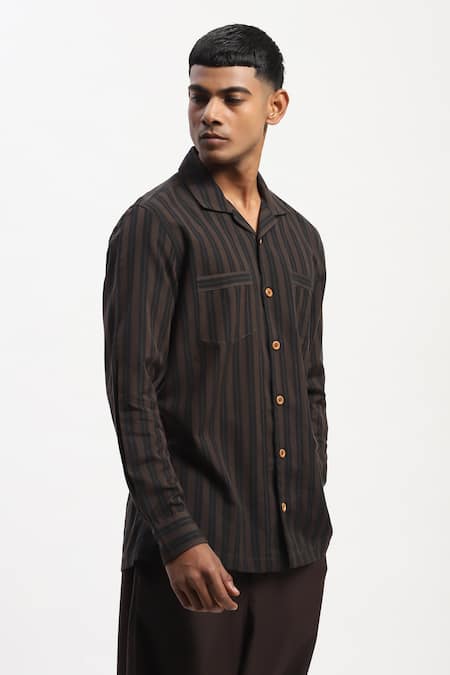 Abraham And Thakore Black Cotton Engineered Dual Woven Casual Shirt Online at Aza Fashions Abraham And Thakore_Black Cotton Engineered Dual Woven Casual Shirt _Online_at_Aza_Fashions