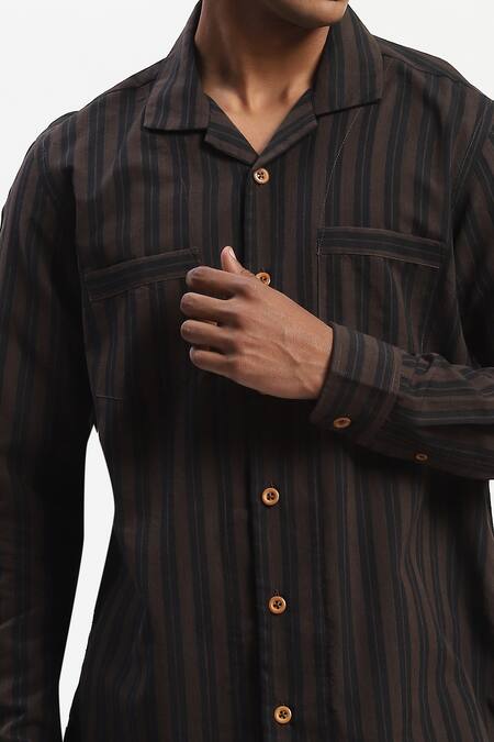 Abraham And Thakore Black Cotton Engineered Dual Woven Casual Shirt at Aza Fashions Abraham And Thakore_Black Cotton Engineered Dual Woven Casual Shirt _at_Aza_Fashions