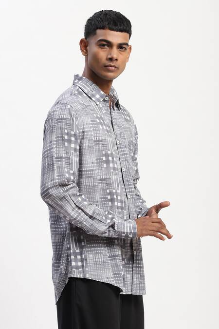 Abraham And Thakore_Gray Handpainted Checks Casual Shirt _Online_at_Aza_Fashions
