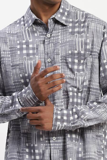 Buy_Abraham And Thakore_Gray Handpainted Checks Casual Shirt _Online_at_Aza_Fashions