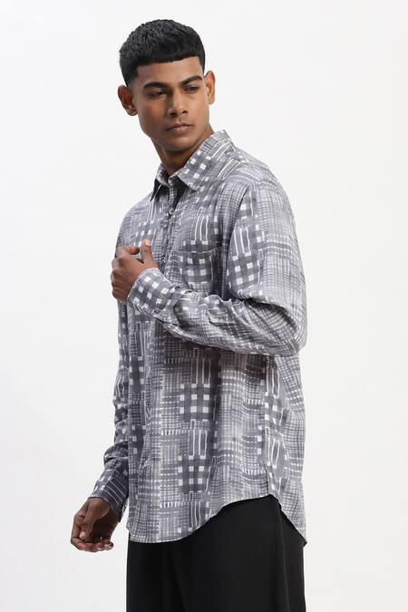 Shop_Abraham And Thakore_Gray Handpainted Checks Casual Shirt _Online_at_Aza_Fashions