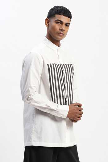 Abraham And Thakore White Cotton Engineered Blockprint Casual Shirt Online at Aza Fashions Abraham And Thakore_White Cotton Engineered Blockprint Casual Shirt _Online_at_Aza_Fashions