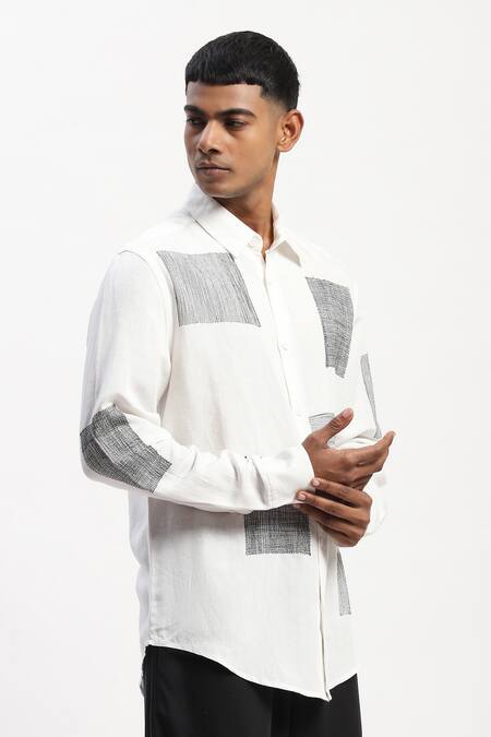 Abraham And Thakore_White Linen Embroidery Scribble Blocks Shirt_Online_at_Aza_Fashions