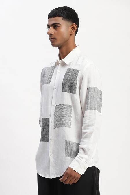 Buy_Abraham And Thakore_White Linen Embroidery Scribble Blocks Shirt_Online_at_Aza_Fashions