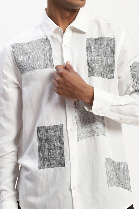 Shop_Abraham And Thakore_White Linen Embroidery Scribble Blocks Shirt_Online_at_Aza_Fashions