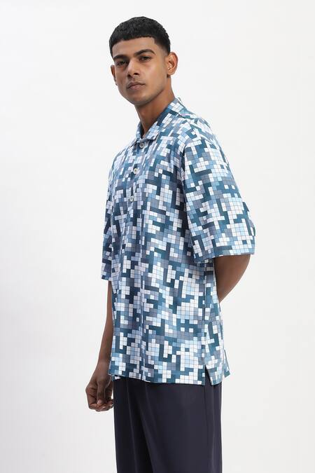 Abraham And Thakore_Blue Cotton Tetris Print T-shirt _Online_at_Aza_Fashions