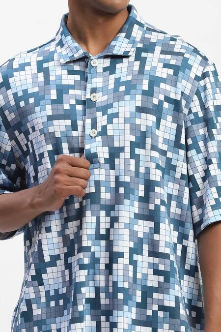Buy_Abraham And Thakore_Blue Cotton Tetris Print T-shirt _Online_at_Aza_Fashions