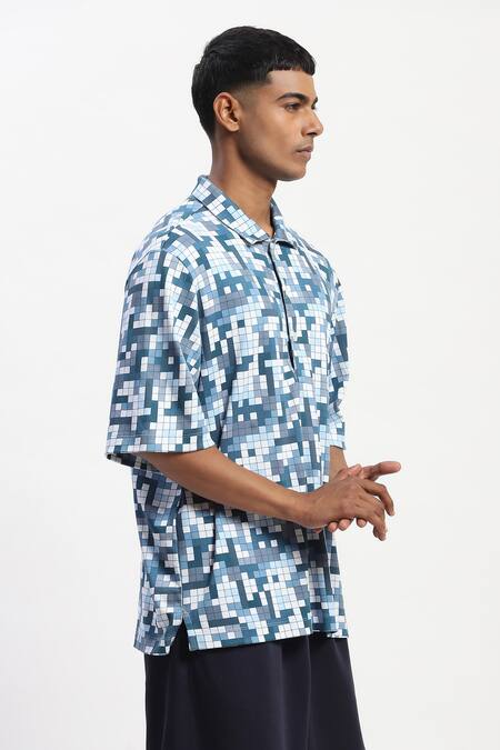 Shop_Abraham And Thakore_Blue Cotton Tetris Print T-shirt _Online_at_Aza_Fashions