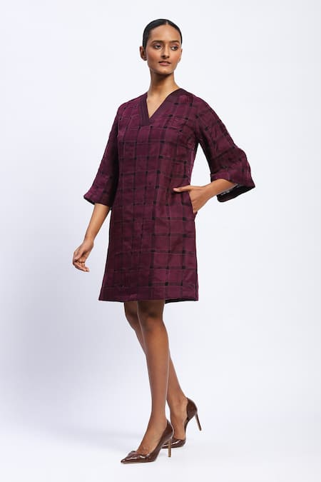 Abraham And Thakore Purple Georgette V-neck Organza Weave Dress Online at Aza Fashions Abraham And Thakore_Purple Georgette V-neck Organza Weave Dress _Online_at_Aza_Fashions