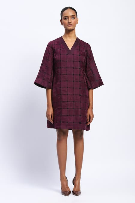 Buy Abraham And Thakore Purple Georgette V-neck Organza Weave Dress Online at Aza Fashions Buy_Abraham And Thakore_Purple Georgette V-neck Organza Weave Dress _Online_at_Aza_Fashions