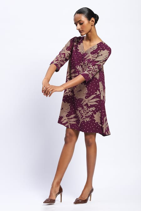 Shop Abraham And Thakore Purple Georgette Embroidery V-neck Aari Florals Dress Online at Aza Fashions Shop_Abraham And Thakore_Purple Georgette Embroidery V-neck Aari Florals Dress _Online_at_Aza_Fashions
