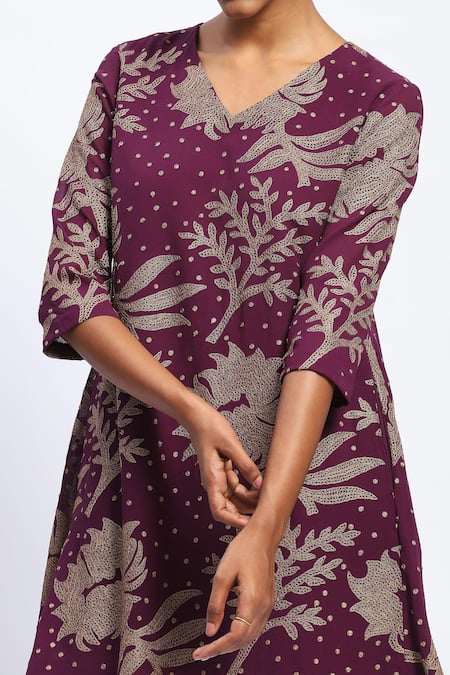 Abraham And Thakore Purple Georgette Embroidery V-neck Aari Florals Dress at Aza Fashions Abraham And Thakore_Purple Georgette Embroidery V-neck Aari Florals Dress _at_Aza_Fashions