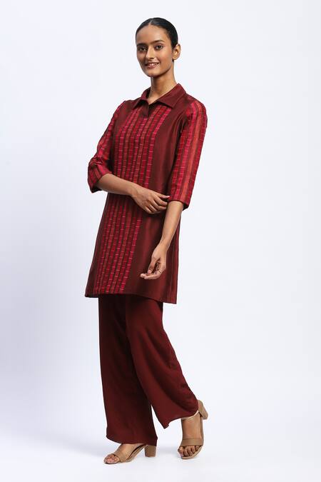 Abraham And Thakore_Burgundy Chanderi Collared Applique Strips Kurta _Online_at_Aza_Fashions