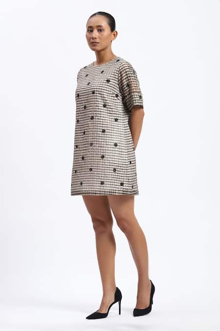 Abraham And Thakore Multi Color Chanderi Embroidery Round Neck Neutral Maheshwar Dress Online at Aza Fashions Abraham And Thakore_Multi Color Chanderi Embroidery Round Neck Neutral Maheshwar Dress _Online_at_Aza_Fashions