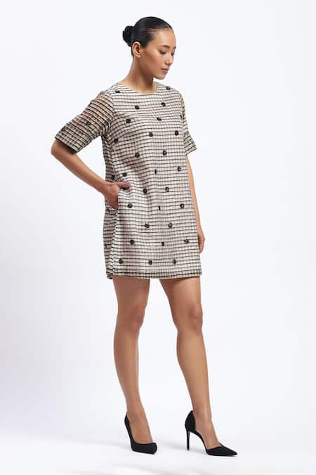 Buy Abraham And Thakore Multi Color Chanderi Embroidery Round Neck Neutral Maheshwar Dress Online at Aza Fashions Buy_Abraham And Thakore_Multi Color Chanderi Embroidery Round Neck Neutral Maheshwar Dress _Online_at_Aza_Fashions