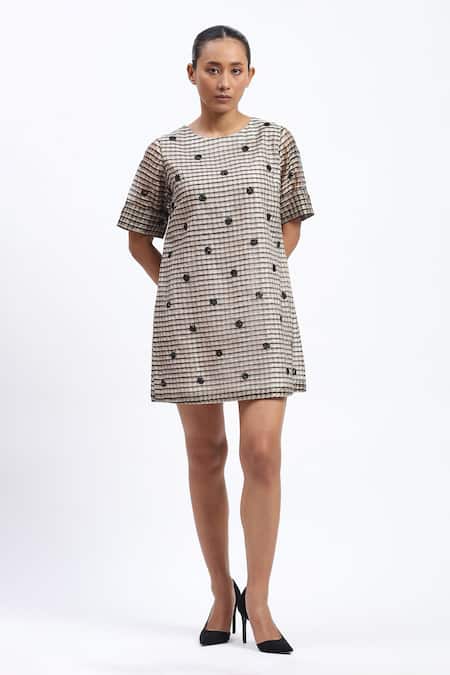 Shop Abraham And Thakore Multi Color Chanderi Embroidery Round Neck Neutral Maheshwar Dress Online at Aza Fashions Shop_Abraham And Thakore_Multi Color Chanderi Embroidery Round Neck Neutral Maheshwar Dress _Online_at_Aza_Fashions