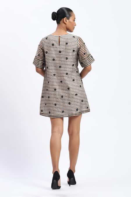 Shop Abraham And Thakore Multi Color Chanderi Embroidery Round Neck Neutral Maheshwar Dress at Aza Fashions Shop_Abraham And Thakore_Multi Color Chanderi Embroidery Round Neck Neutral Maheshwar Dress _at_Aza_Fashions