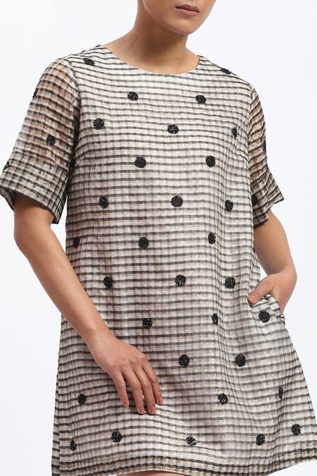 Abraham And Thakore Multi Color Chanderi Embroidery Round Neck Neutral Maheshwar Dress at Aza Fashions Abraham And Thakore_Multi Color Chanderi Embroidery Round Neck Neutral Maheshwar Dress _at_Aza_Fashions