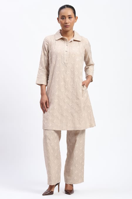 ABRAHAM AND THAKORE Beige Chanderi Cut Work Button-down Neck Bird Tunic 