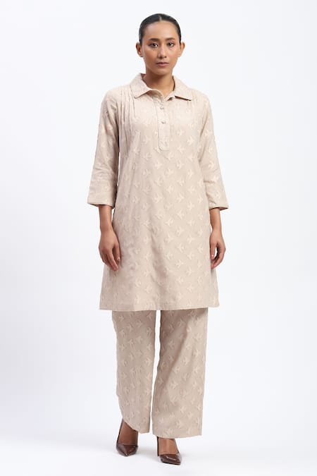 Abraham And Thakore_Beige Chanderi Cut Work Button-down Neck Bird Tunic _Online_at_Aza_Fashions