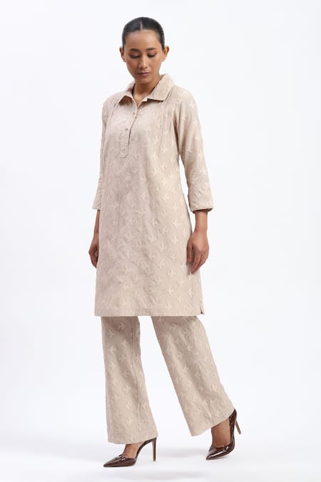 Shop_Abraham And Thakore_Beige Chanderi Cut Work Button-down Neck Bird Tunic _Online_at_Aza_Fashions